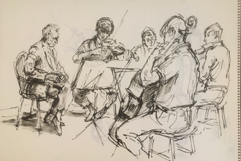 A sketch of a group of men performing string instruments in a circle.